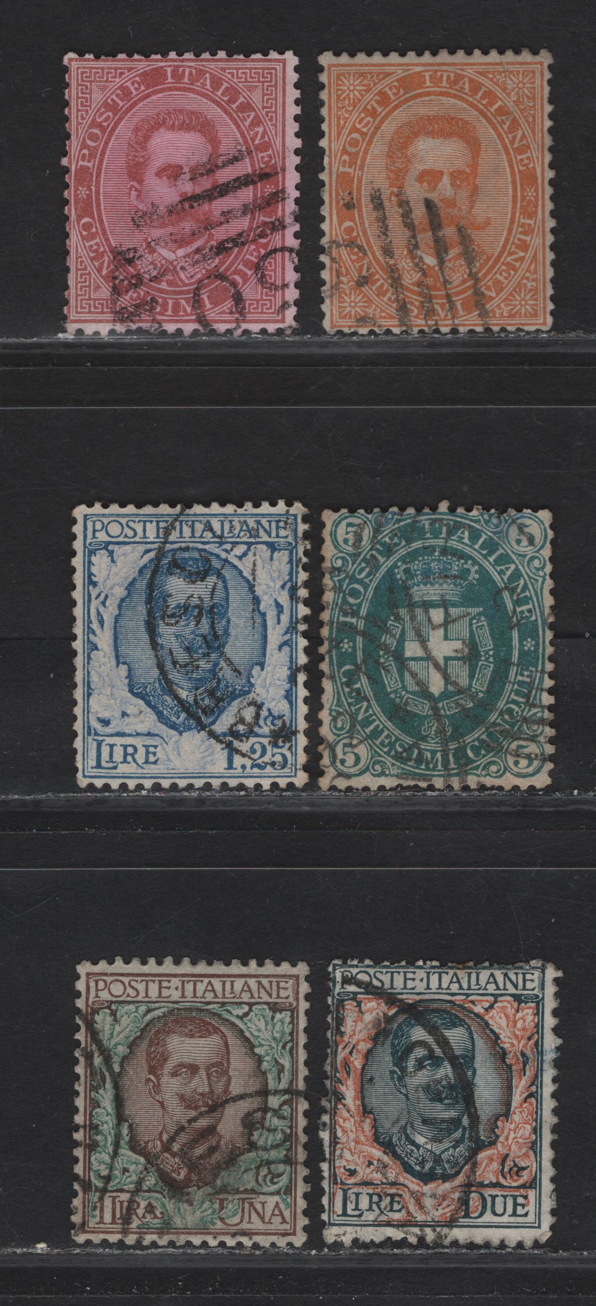 Lot 254 (C) Italy SC#46-47, 52, 87-89 10c-2L Claret - Dark Green & Orange Arms of Savoy, Victor Emmannuel III & Humbert I, 1879-1926 King Victor Emmanuel & Humbert I Keyplates, 6 VF & Fine Used Singles