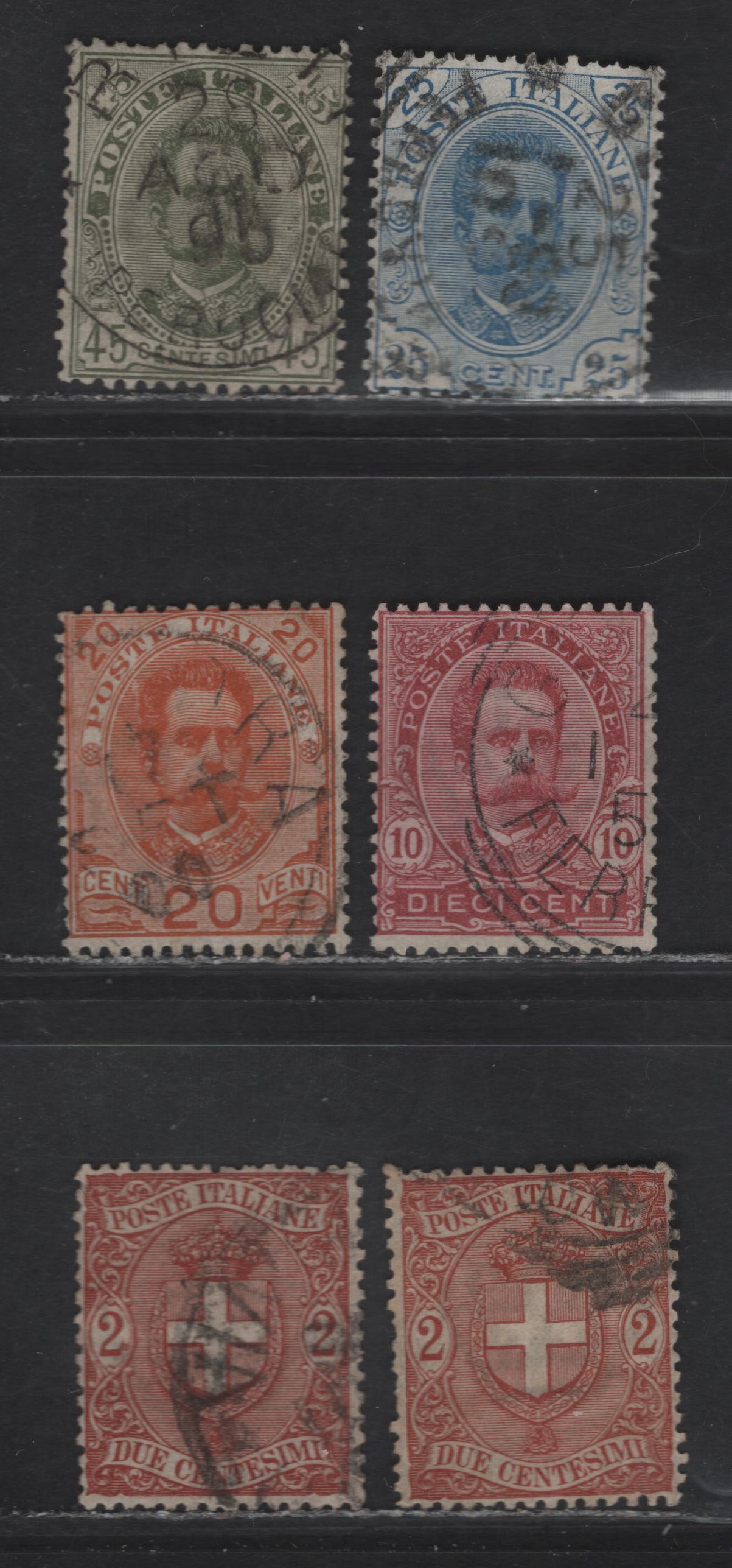 Lot 256 Italy SC#68-69, 70-71, 74 10c-45c Claret - Olive Green Humbert I & Arms Of Savoy , 1891-1897 King Humbert I & Arms Of Savoy Keyplates, 6 Fine & VF Used Singles Including Two Different Shades Of The 2c