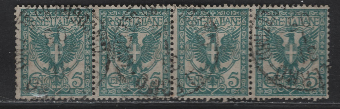 Lot 258 (C) Italy SC#78 5c Blue Green Coat Of Arms, 1901-1926 Arms & Victor Emmanuel Keyplate Issue, A VF Used Strip of 4