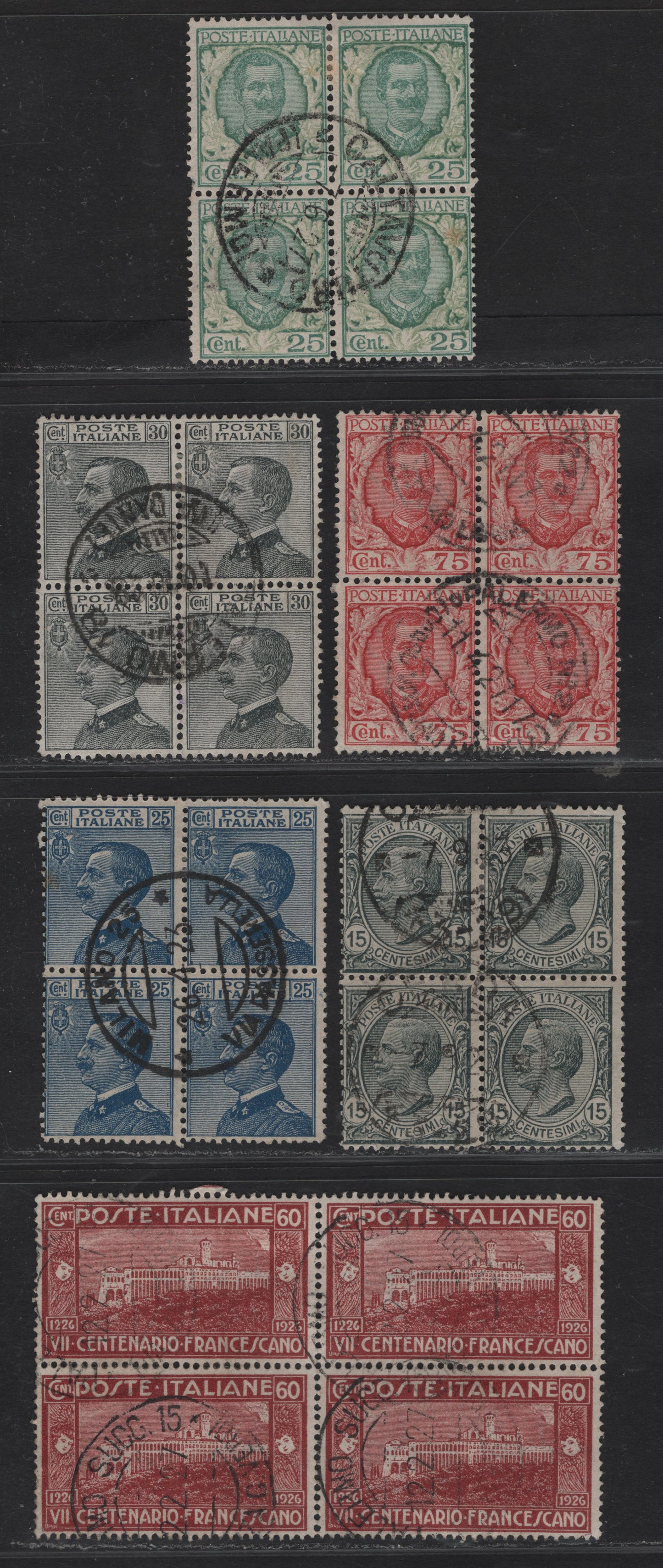 Lot 263 (C) Italy SC#96, 100, 103, 86, 82, 180 15c-75c Green & Pale Green - Red Brown Victor Emmanuel III & Assisi Monastery, 1901-1926 Victor Emmanuel Definitive Issue & Francis Of Assisi Issues, 6 Fine & VF Used Blocks of 4