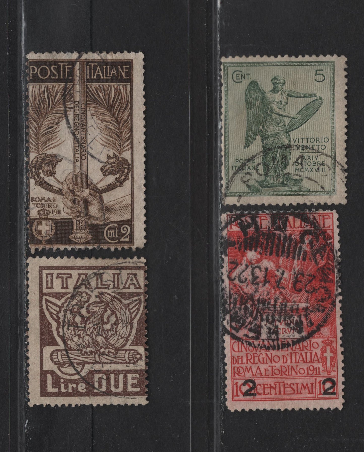 Lot 268 Italy SC#119, 127, 136, 163 2c-2L Dark Brown - Brown Symbols Of Rome & Turin, 1911-1923 50th Anniversary Of States Union - March On Rome Issues, 4 Good, VG & Fine Used Singles Perf. 14, Small Corner Crease on 2c Brown