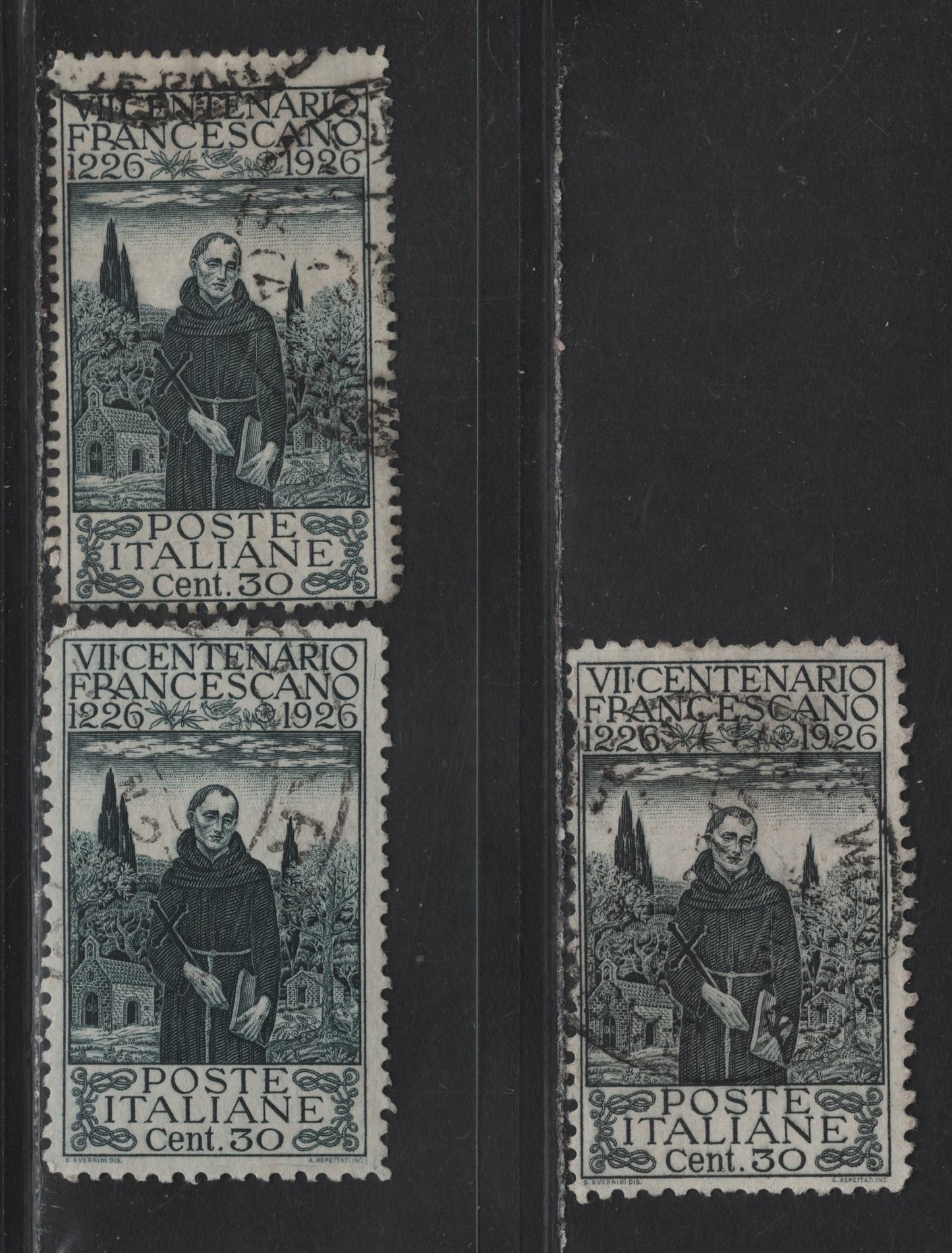 Lot 277 Italy SC#181, 181a 30c Slate Black & Greenish Black St. Francis, 1926 St. Francis Of Assisi Issue, 3 Fine Used Singles Perf 11 in 2 Shades & Perf. 13.5