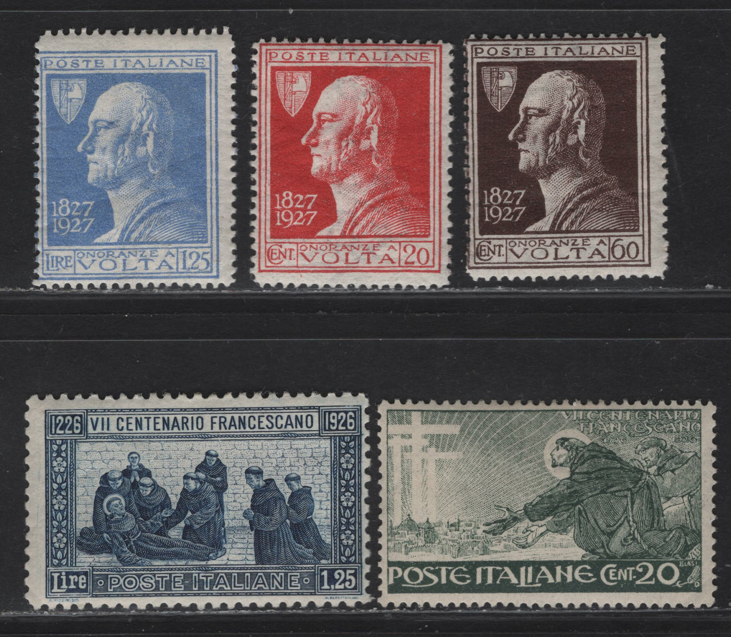 Lot 278 Italy SC#178, 182, 188, 190, 191 20c-1.25L Grey Green - Pale Ultramarine St. Francis-Alessandro Volta, 1926-1927 St. Francis Of Assisi & Volta Issues, 5 Fine OG Singles
