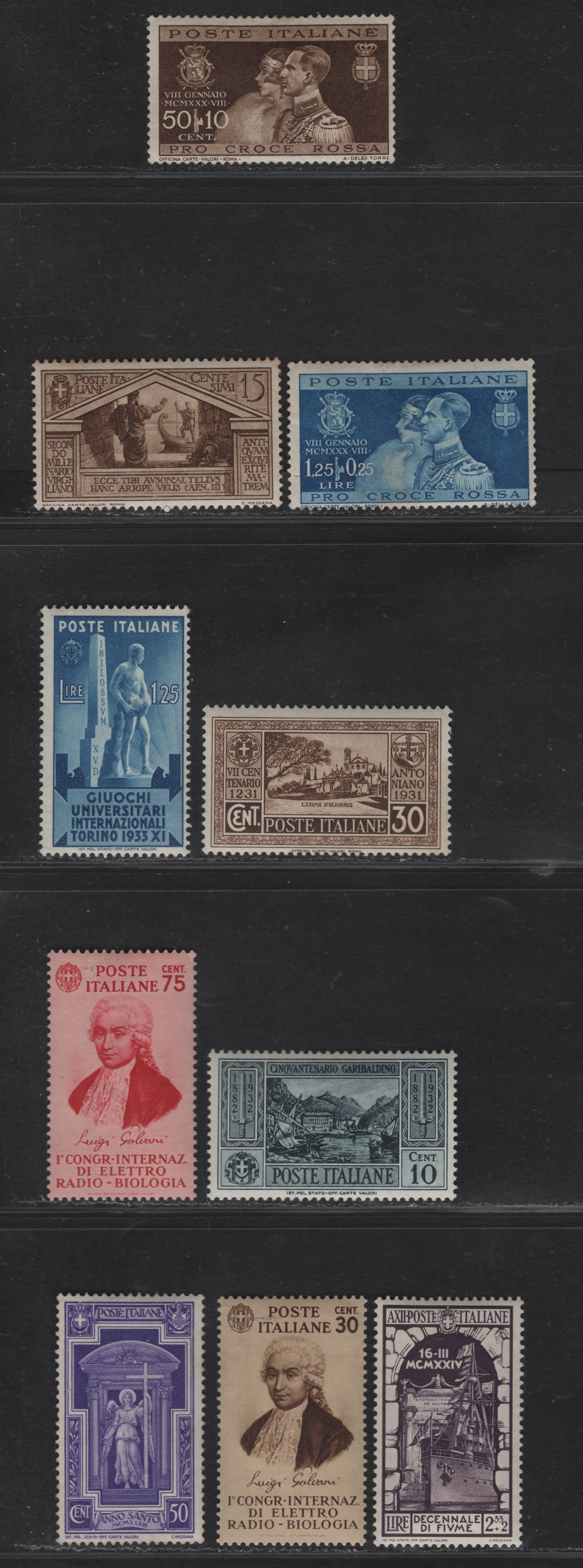Lot 280 Italy SC#240-241, 248, 280, 309, 312, 320, 329-330 50c-75c Olive Brown - Carmine On Rose Prince Humbert & Princess Marie Jose - Galvani, 1930-1934 Royal Marriage - Galvani Issues, 9 Fine & VFOG Singles
