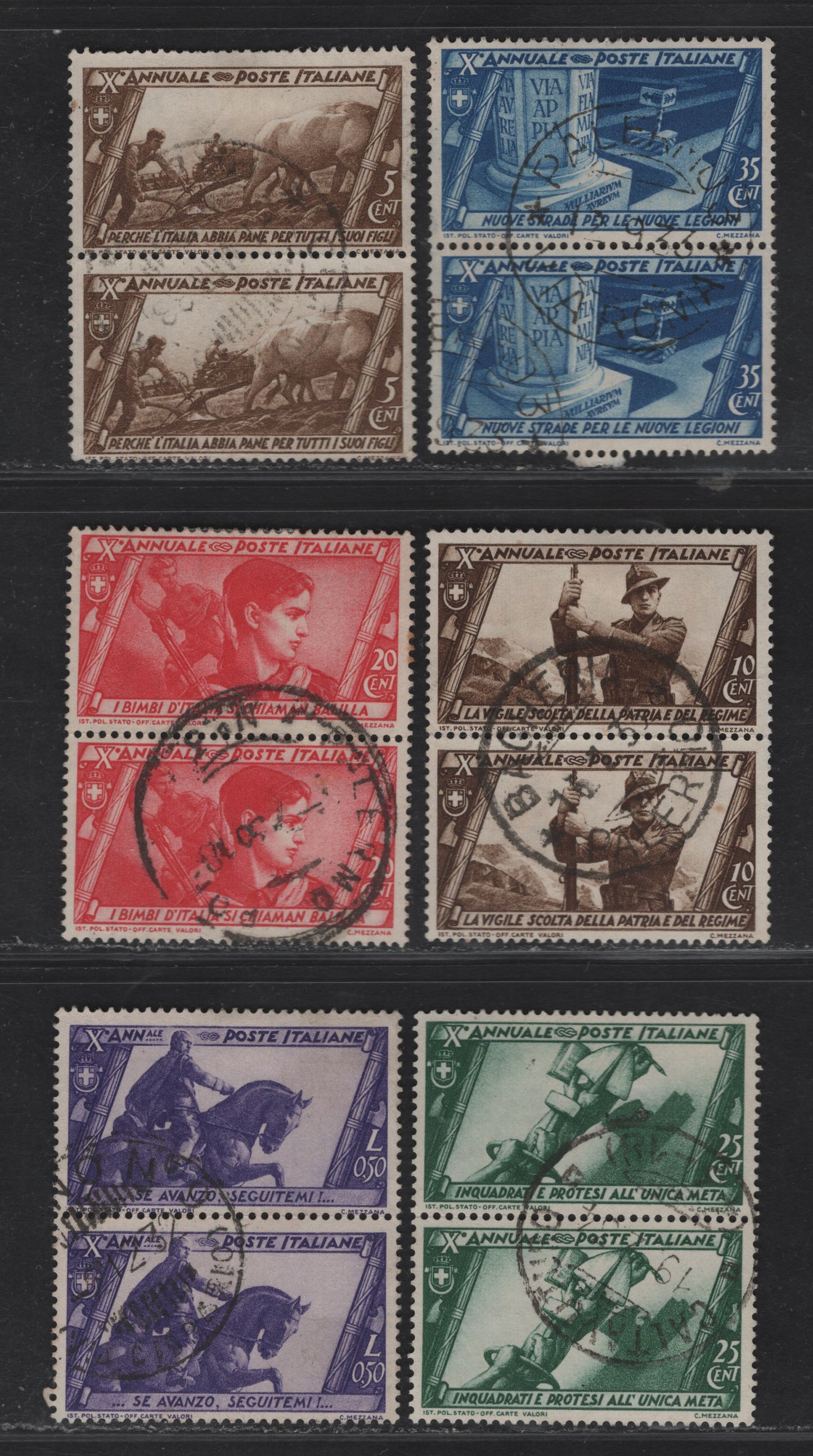 Lot 285 (C) Italy SC#290-291, 293-294, 296-297 5c-50c Olive Brown-Purple Various Scenes, 1932 March On Rome Issue, 6 VF Used Vertical Pairs All With Dated, Contemporary Postal Cancels