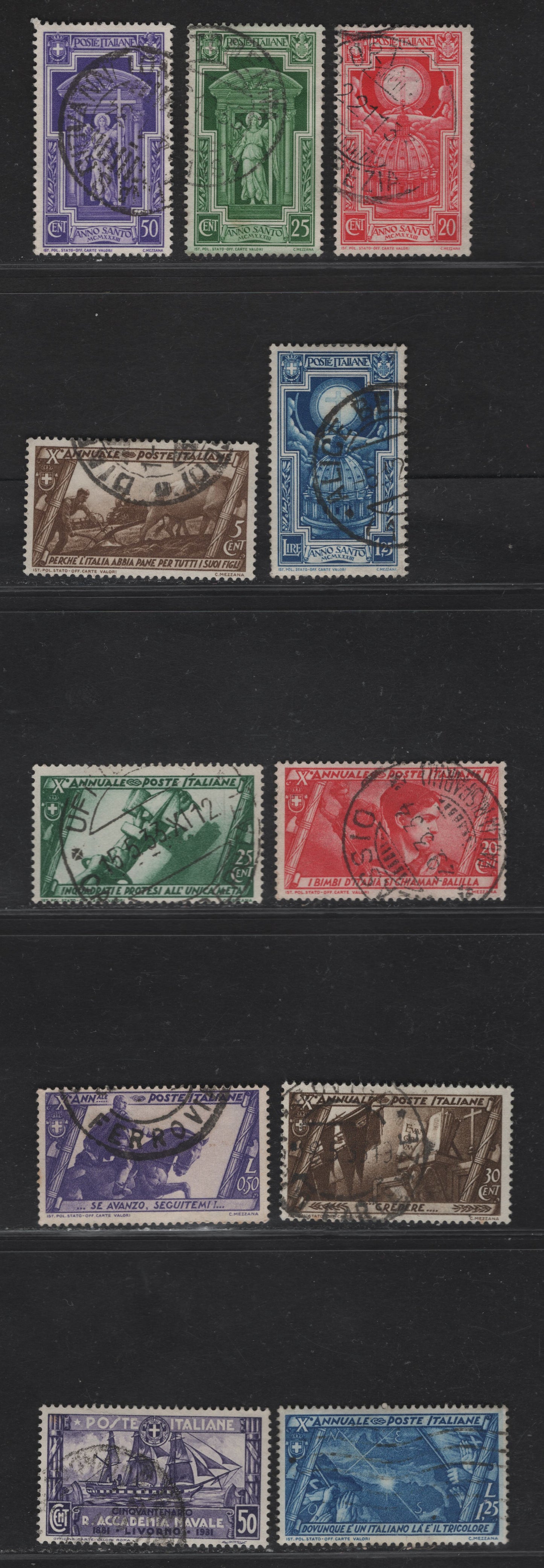Lot 286 Italy SC#265, 290, 293-295, 297, 301, 310-313 50c-1.25L Purple-Deep Blue Amerigo Vespucci - Cross With Doves, 1931-1933 Royal Naval Academy - Holy Year Issues, 12 VF Used Singles All With Dated, Contemporary Postal Cancels