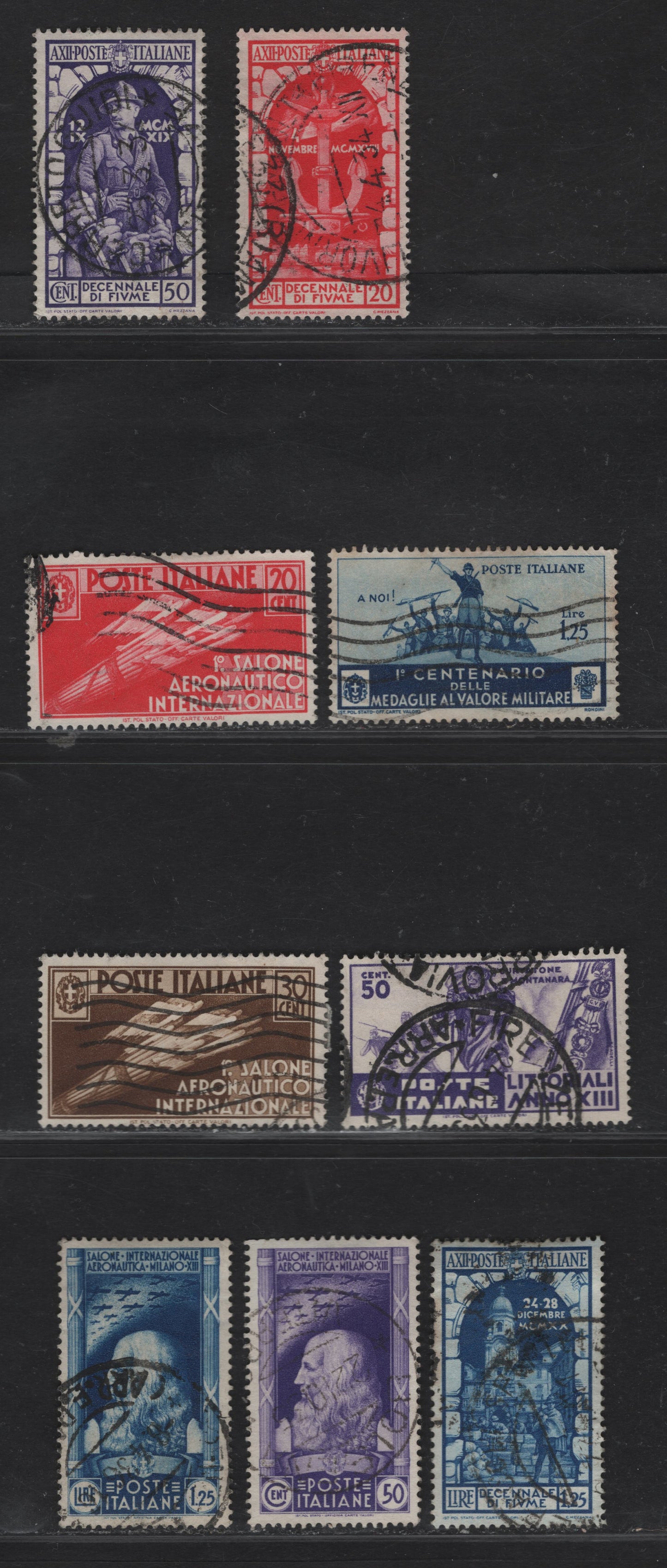 Lot 290 Italy SC#316/344 20c-1.25L Rose Red-Dark Blue Anchor Of The Emanuele - Leonardo Da Vinci, 1934-1935 Annexation Of Fiume - International Aeronautical Salon, 9 Fine & VF Used Singles Most All All With Dated, Contemporary Postal Cancels