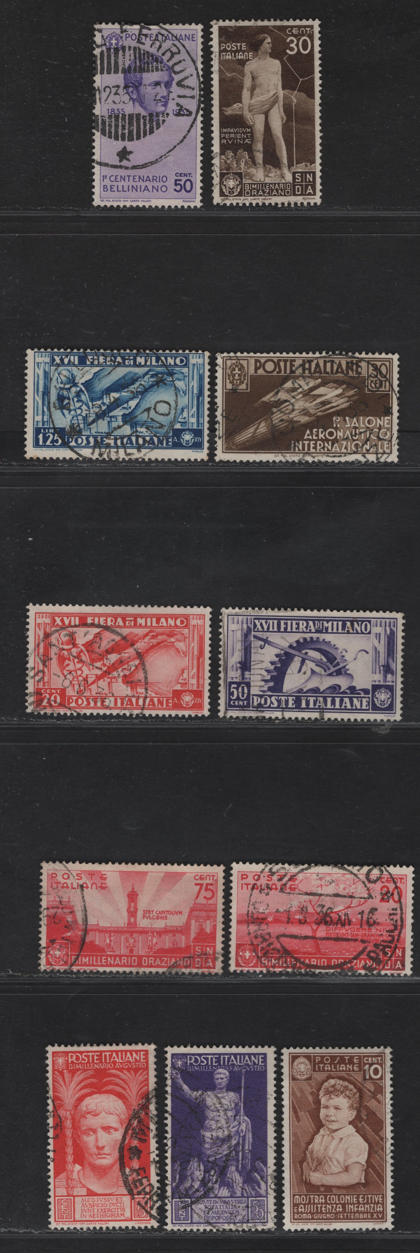 Lot 291 Italy SC#346/383 30c-75c Brown-Scarlet Fascist Flight Symbol - Augustus Caesar, 1935-1937 International Aeronautical Station - Augustus Caesar Issue, 11 Fine & VF Used Singles Most All All With Dated, Contemporary Postal Cancels