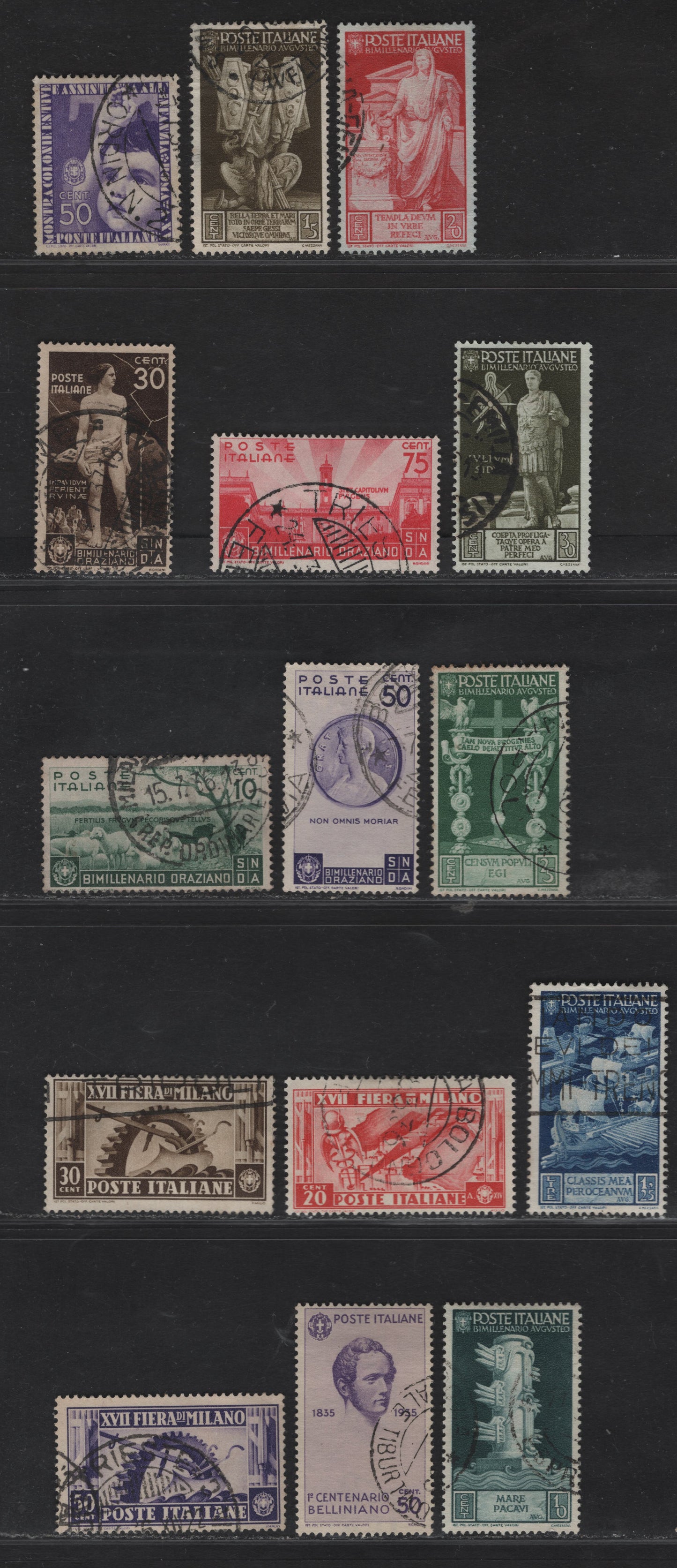Lot 292 Italy SC#355-357, 359, 361-363, 351, 377-381, 384, 371 50c-1.25L Violet-Blue Bellini-Maritime Glory Of Rome, 1935-1937 Bellini-Augustus Caesar Issues, 15 Fine & VF Used Singles Most All All With Dated, Contemporary Postal Cancels