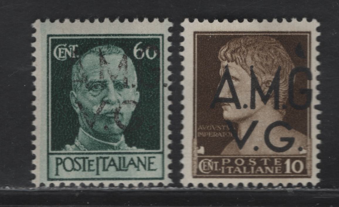 Lot 295 Italy SC#1L23var, 1LN7Avar 10c & 60c Olive Brown & Deep Blue Green Victor Emmanuel III & Augustus Caesar, 1945 AMG VG Overprints, 2 Fine OG Singles Showing Very Weak Letters Of Overprint & Black Wedge Above the G, Unlisted In Scott