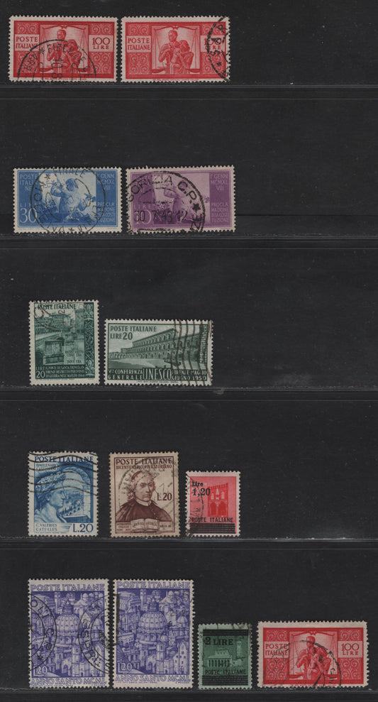 Lot 299 Italy SC#461-462, 477-478a, 493-494, 528-529, 540, 535, 533 1.2L on 20c - 100L Crimson-Brown Logia dei Merccanti - Muratori, 1945-1950 Surcharges - Muratori Issue, 13 Fine & VF Used Singles Including Both Perfs Of 100L, Plus Shades