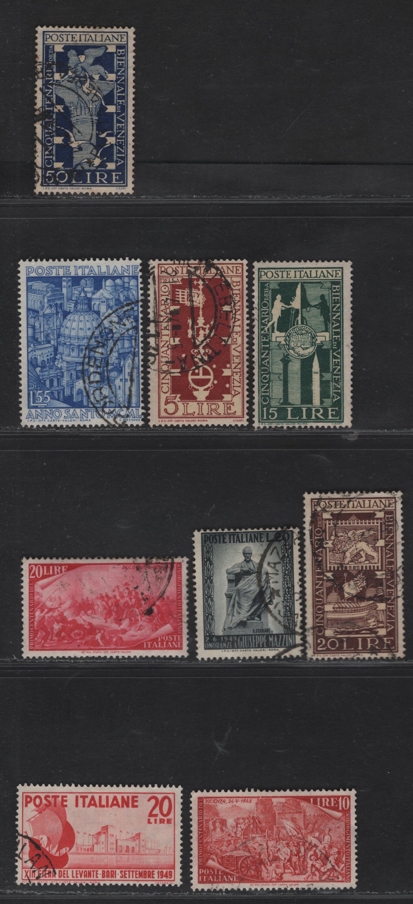 Lot 301 Italy SC#500, 503, 510-513, 519, 525, 536 10l - 55l Orange Red - Blue Defence of Vicenza - Italian Cathedrals & Churches, 1948-1980 Centenary Of Risorgimento - Holy Year Issues, 9 Fine/Very Fine Used Singles