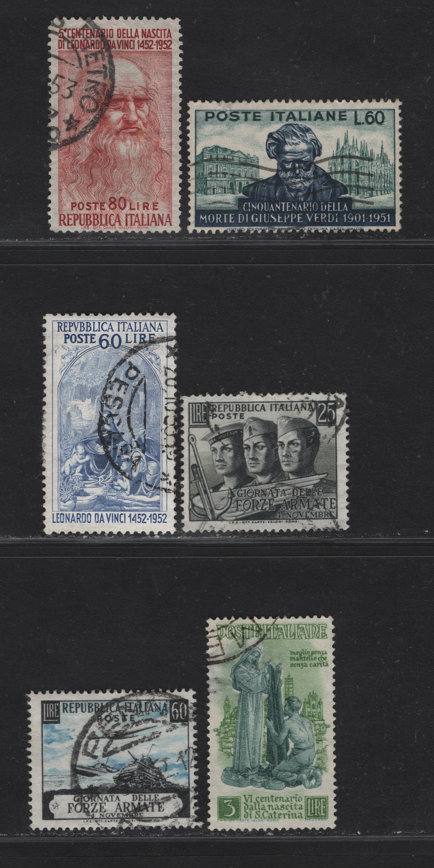 Lot 304 (C)Italy SC#489, 596, 601A-B, 614-615 3l - 60l Yellow Green & Gray Green - Black & Blue St Catherine - Sailor, Soldier & Aviator, 1948-1953 St Catherine of Siena - Armed Forces Day Issues, 6 Fine/Very Fine Used Singles