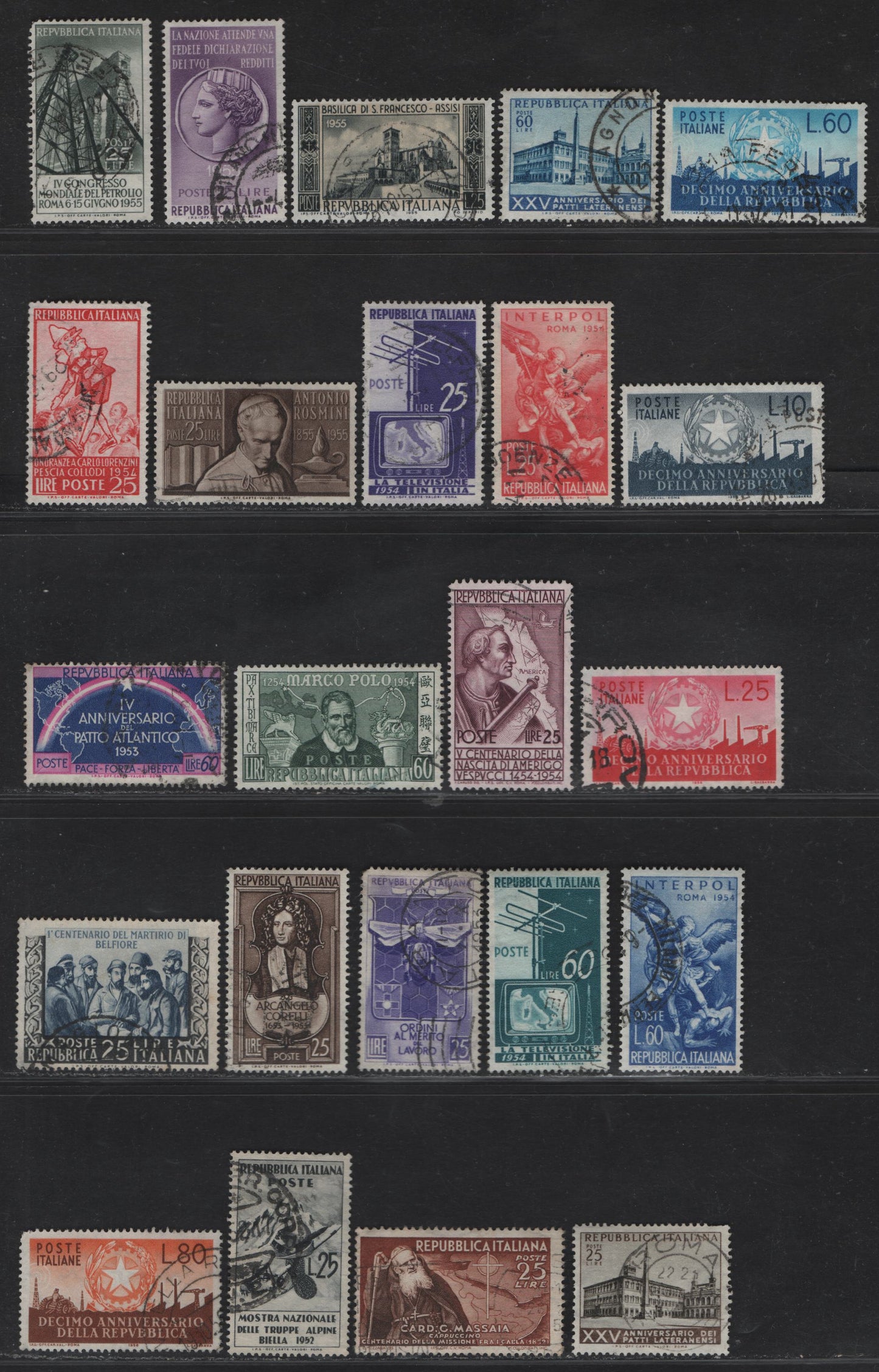 Lot 305 Italy SC#610/713 25l - 80l Gray - Orange & Brown Alpine - Republic & Symbols of Industry, 1952-1956 Alpine Troops - 10th Anniv of Republic Issues, 23 Very Fine Used Singles