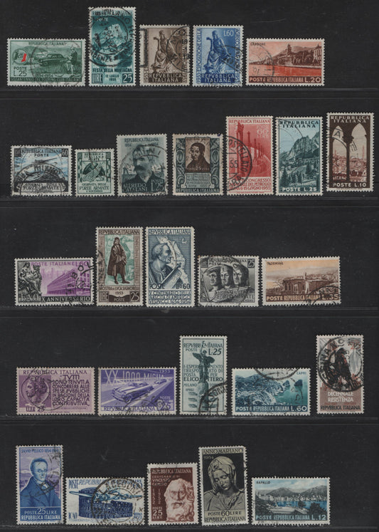 Lot 306 Italy SC#611, 613-615, 617, 622, 634-636, 639-646, 651-654, 664, 666-667, 669 60l - 60l Violet Blue & Dark Blue - Black & Bright Purple Colosseum - Grain Cart, 1952-1955 ICAO Conference - Institute of Agriculture, 27 Very Fine Used Singles