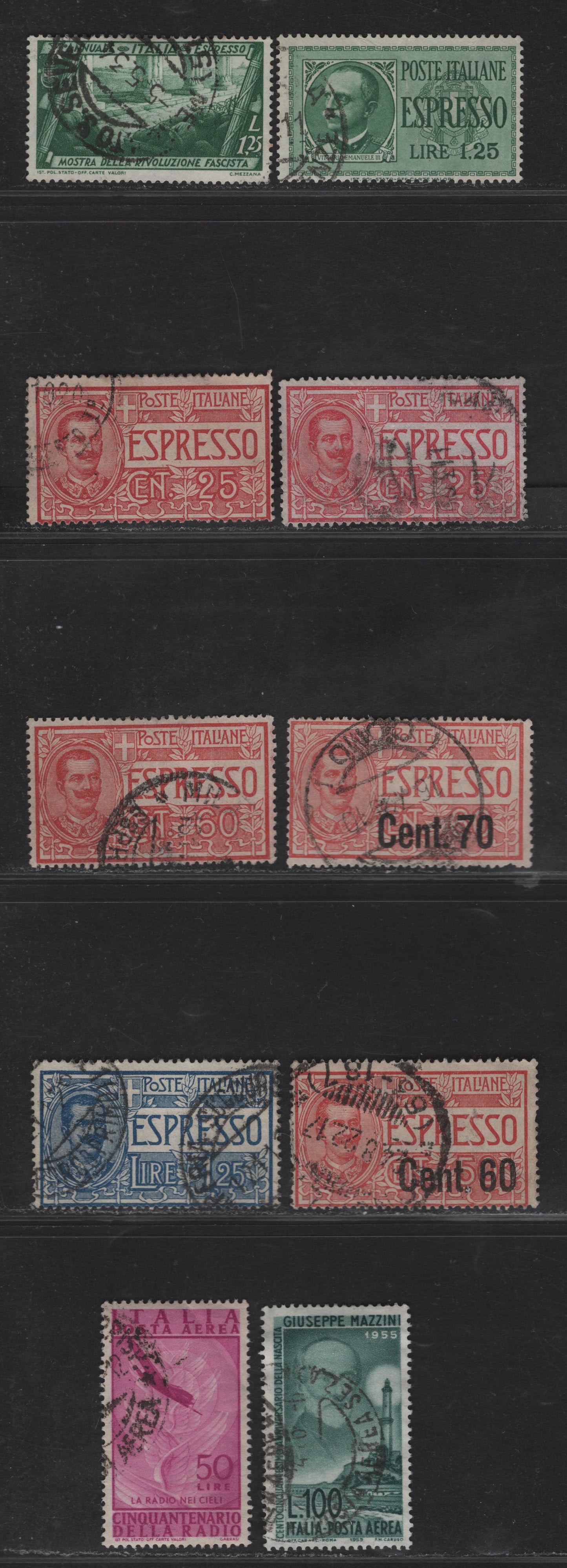 Lot 315 Italy SC#C121, C129, E1, E3, E11, E13-E14, E16, E5 1.25l - 50l Green - Lilac Rose Radio on Land - March on Rome, 1932-1947 Special Delivery - Airmail Issues, 10 Very Good/Fine/Very Fine Used Singles
