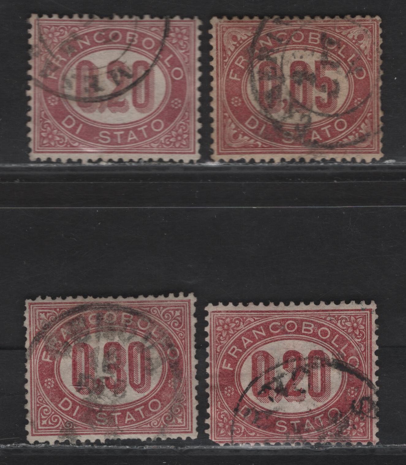 Lot 327 Italy SC#O2-O4 5c - 30c lake Numerals, 1875 Official Issue, 4 Fine/Very Fine Used Singles, 2 Shades of 20c