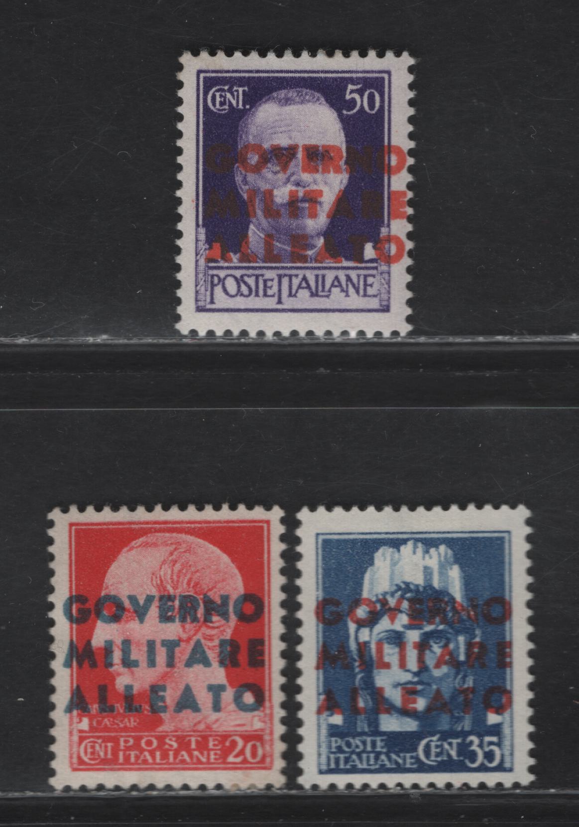 Lot 329 Italy SC#1N10-1N12 20c - 50c Rose Red - Purple Figures, 1943 Allied Military Govt Overprinted Issue, 3 F/VFOG & Unused Singles, Key 35c has No Gum