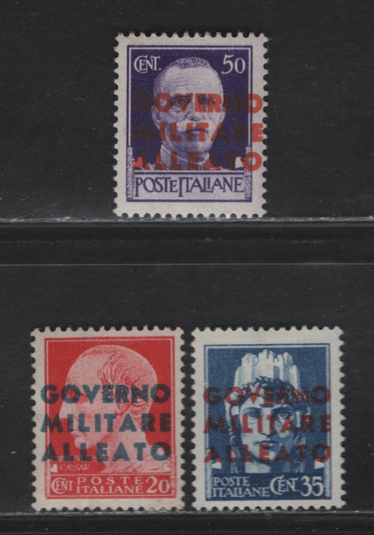 Lot 329 Italy SC#1N10-1N12 20c - 50c Rose Red - Purple Figures, 1943 Allied Military Govt Overprinted Issue, 3 F/VFOG & Unused Singles, Key 35c has No Gum