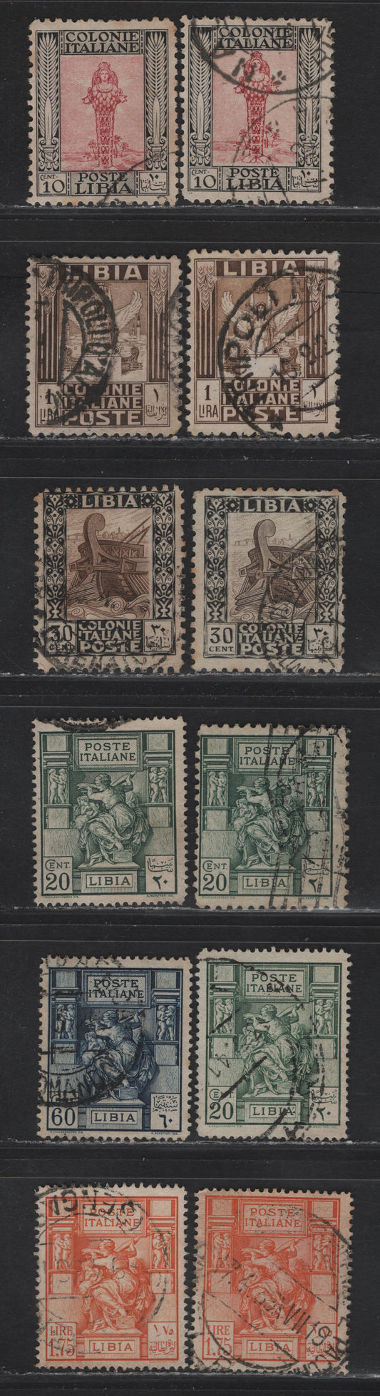 Lot 350 (C) Libya SC#39, 41, 42, 39a, 51a, 54a, 58a 20c-1.75L Green-Orange Libyan Sibyl-Victory, 1924-1940 Pictorial Definitive Issue, 12 VG-VF Used Singles Unwatermarked, Perf 14, 14.5 x 14, & 11, Extra Shades of 10c and 1.75L