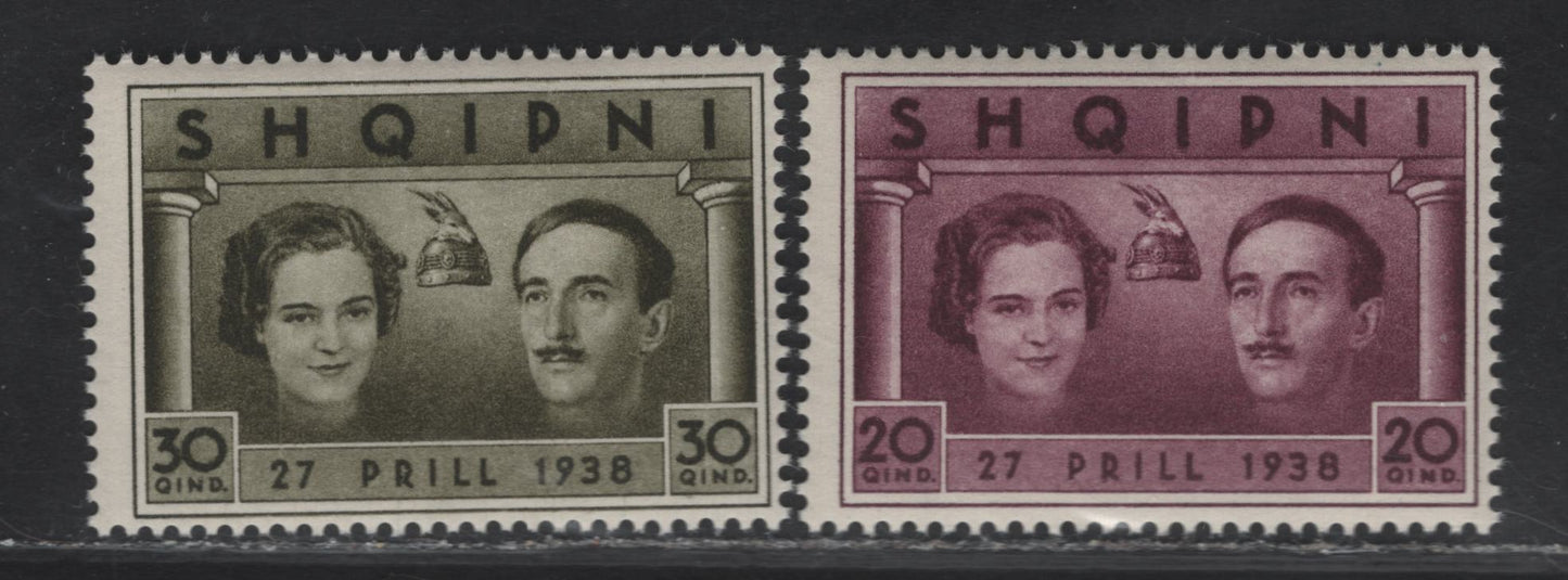 Lot 362 Albania SC#289a-b 20q-30q Dark Red Violet - Brown Olive Queen Geraldine & King Zog, 1938 Wedding of King Zog, 2 Fine NH Singles From The Souvenir Sheet