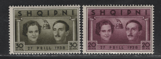 Lot 362 Albania SC#289a-b 20q-30q Dark Red Violet - Brown Olive Queen Geraldine & King Zog, 1938 Wedding of King Zog, 2 Fine NH Singles From The Souvenir Sheet