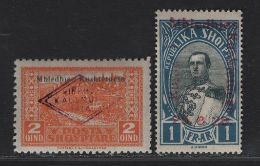 Lot 366 Albania SC#158, 217 2q-1fr Orange & Blue&Slate Gjirokaster-King Zog, 1924-1928 Mbledhje Kushtetuese-King Zog Issue, 2 VFOG Singles