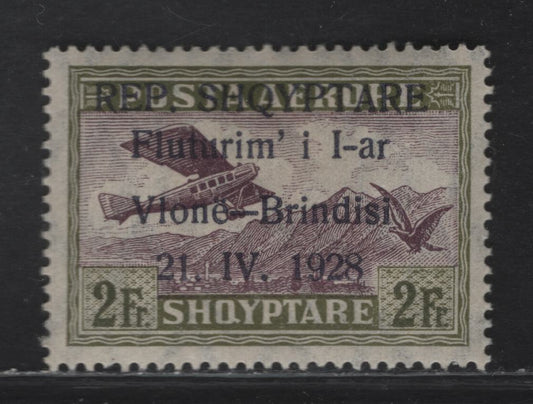 Lot 374A Albania SC#C20 2fr Olive Green & Black Aircraft, 1928 First Flight Across The Atlantic Issue, A VFOG Single