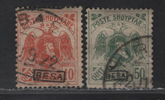 Lot 377 Albania SC#156-157 5q-10q Deep Green & Red Arms, 1922 Besa Overprints, 2 Fine Used Singles