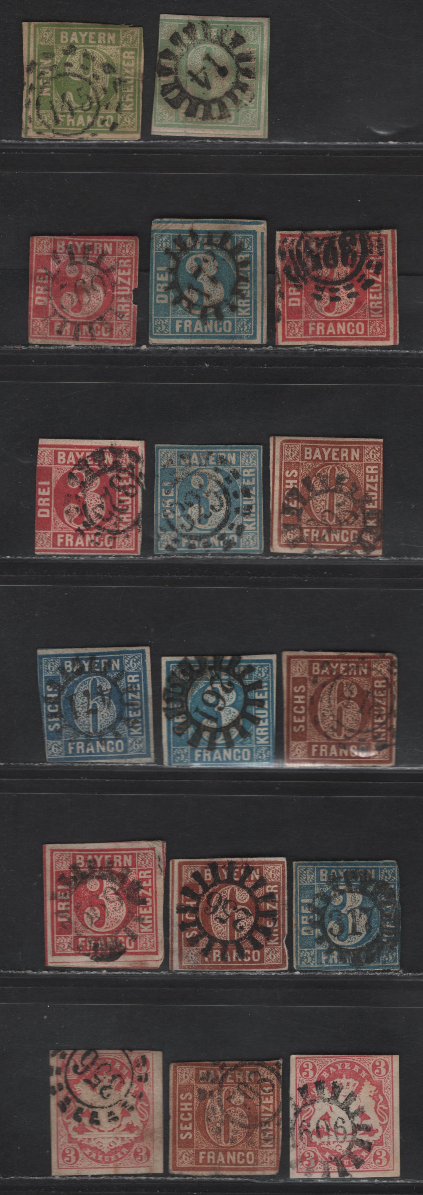 Lot 384 Bavaria SC#2, 2a, 5, 6, 6b, 11, 10, 16 3kr-9kr 1849-1868 Numeral & Embossed Arms Issue, 17 Ungraded Used Singles All With Small to Moderate Faults Or Margins Cutting In, A Variety Of Numeral Open & Closed Millwheel Cancels, Useful For Study