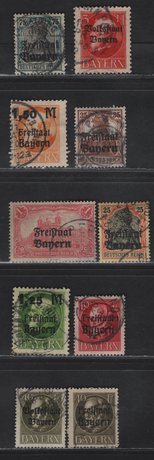 Lot 387 Bavaria SC#145, 152, 183, 184, 186, 196, 201, 231-232 40pf-1.5m on 1m Olive Green - Orange King Ludwig & Germania, 1919 Plebiscite Overprints, 10 Fine & VF Used Singles Postally Used, Can cels Appear Genuine