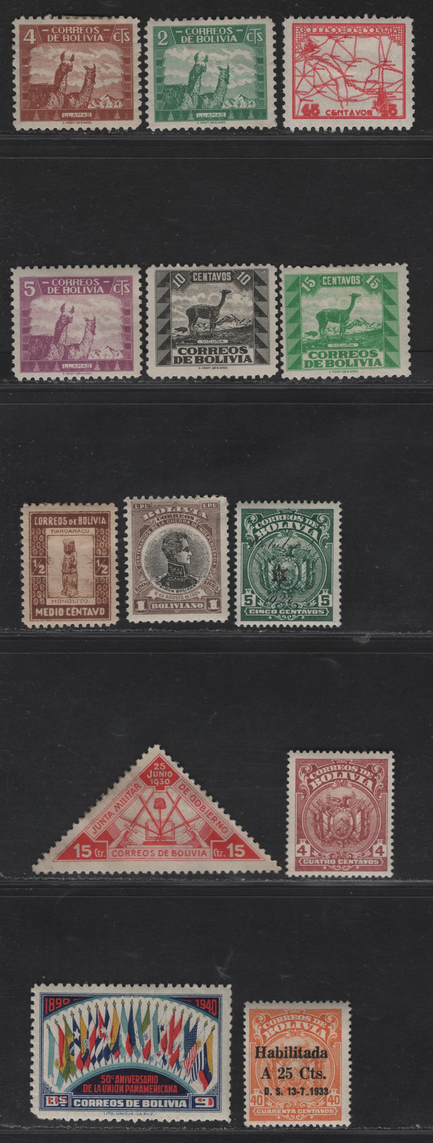 Lot 388 Bolivia SC#88, 111, 167, 178, 205, 212, 246, 251-255, 269 1b-9b Grey Brown & Black - Multicoloured Simon Bolivar - Flags, 1909-1940 Portraits - 50th Anniversary Of Pan American Union, 13 Fine & VFOG Singles