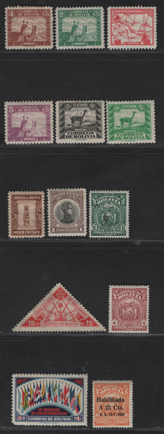 Lot 388 Bolivia SC#88, 111, 167, 178, 205, 212, 246, 251-255, 269 1b-9b Grey Brown & Black - Multicoloured Simon Bolivar - Flags, 1909-1940 Portraits - 50th Anniversary Of Pan American Union, 13 Fine & VFOG Singles