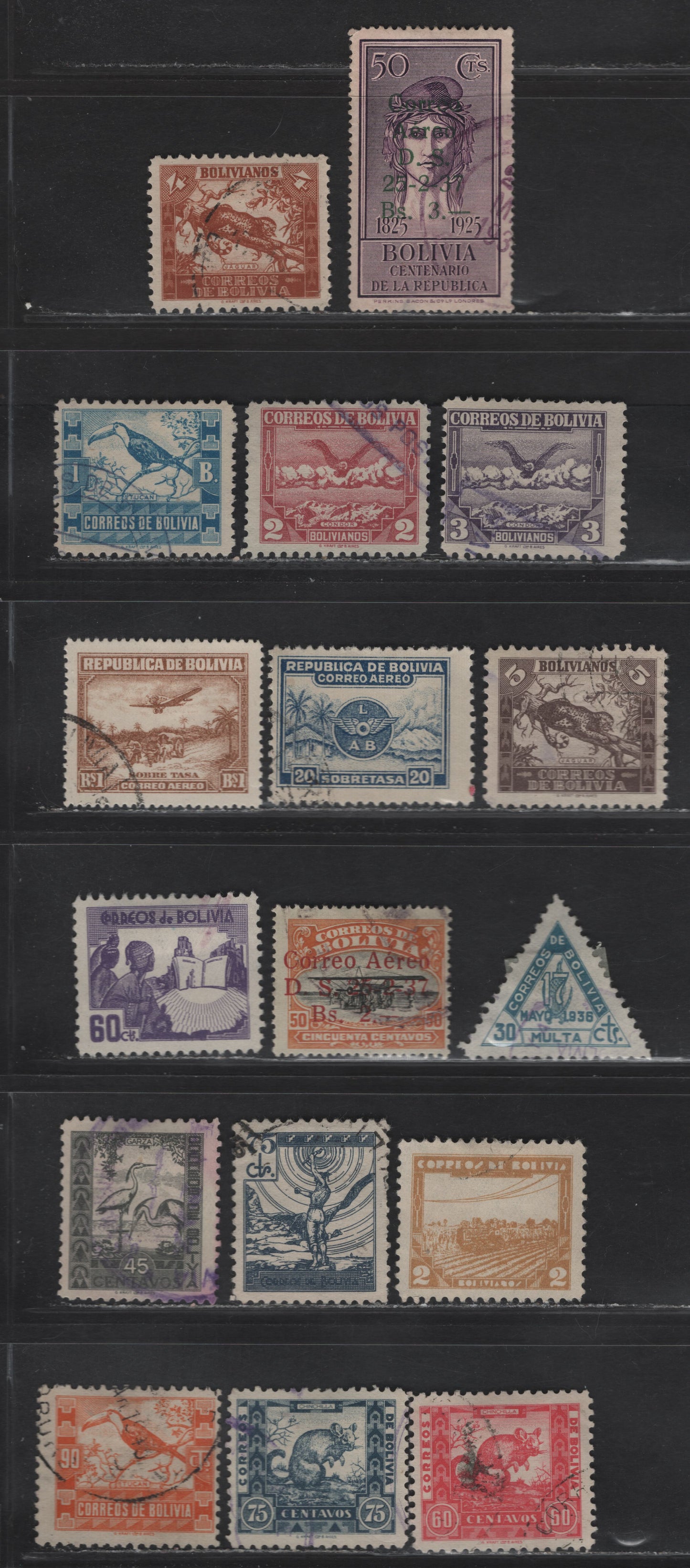 Lot 390 Bolivia SC#247-248, 250, 260-268, C9, C32, C56, C59, J9 75c-30c Dull Blue-Grey Blue Allegorical Figure Of Learning-Symbol Of Revolution, 1938-1939 Pictorial Definitives-Postage Due, 17 Fine & VF Used Singles