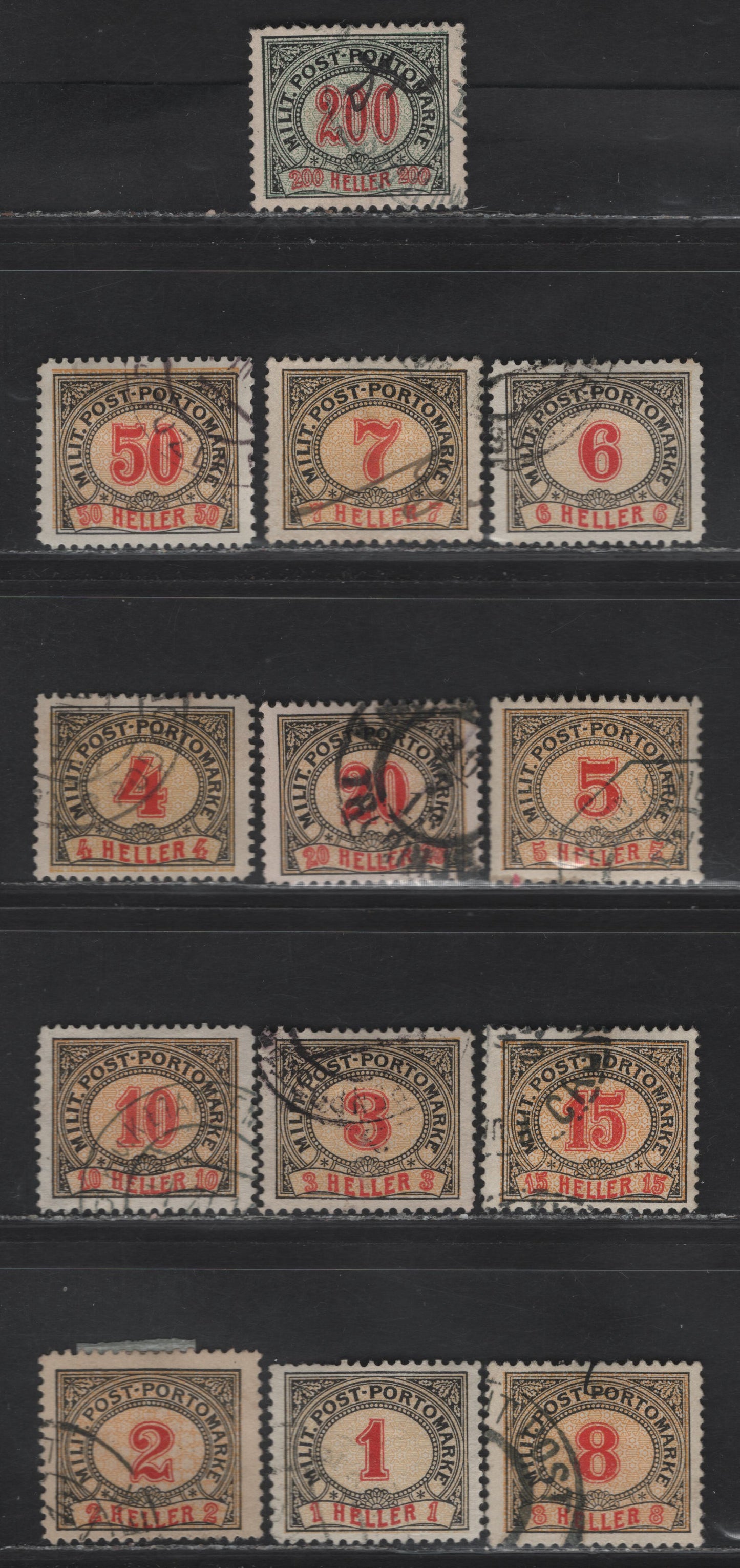 Lot 392 Bosnia & Herzegovina SC#J1-J5, J6a-J8a, J9, J10a, J11-J12, J13a 1h-200h Black, Red & Yellow - Black, Red & Green Numeral On Fancy Background, 1904 Postage Due Issue, 13 Fine & VF Used Singles Most All Perf. 12.5, 6h-8h & 200h are perf. 12.5 x 13
