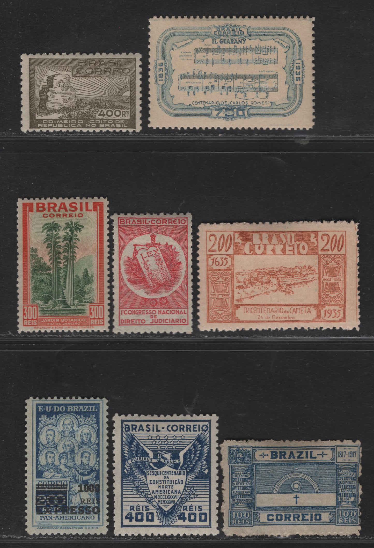 Lot 394 Brazil SC#197, 419, 425, 426, 447, 451, 454, E1 100r-1000r on 200r Blue-Deep Blue Revolutionary Flag-Pan American Leaders, 1917-1938 Pernambuco Revolution-Special Delivery Issue, 8 Fine & VFOG Singles