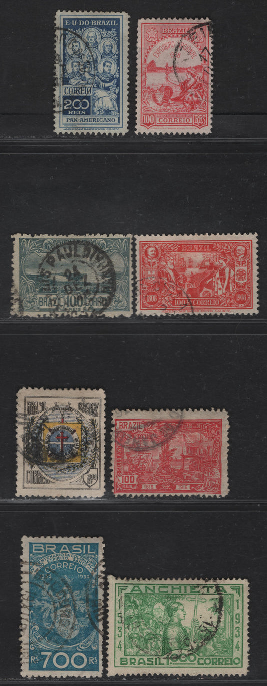 Lot 395 Brazil SC#195-196, 272, 189-191, 413, 397 100r-1000r  Carmine-Light Green Allegorical Figures-Arms, 1908-1935 National Exhibition-Establishment Of First Portuguese Colony, 8 Fine & VF Used Singles
