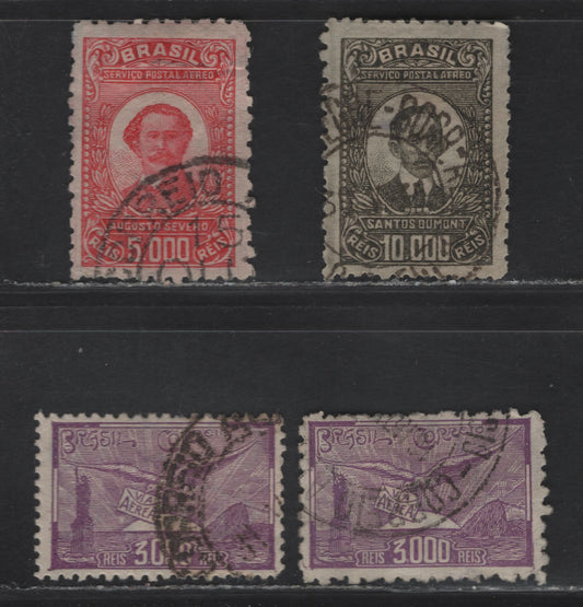 Lot 396 Brazil SC#C23a, C24b, C25, C25a 3000r-10000r Violet-Olive Green Allegory Of Airmail Service-Alberto Santos Dumont, 1929-1930 Airmail Issue, 4 VF Used Singles Perf. 9, 11-12 and 11 x 9