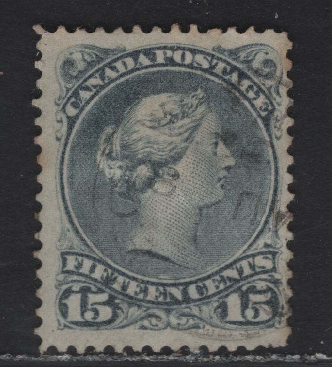 Lot 52 (C) Canada #30i 15c Bluish Slate Gray Queen Victoria, 1868-1876 Large Queen Issue, A Fine Used Single, Late Second Ottawa Printing, Paper SO-JJ, Perf 12.1, Showing Guide Dot At LL.