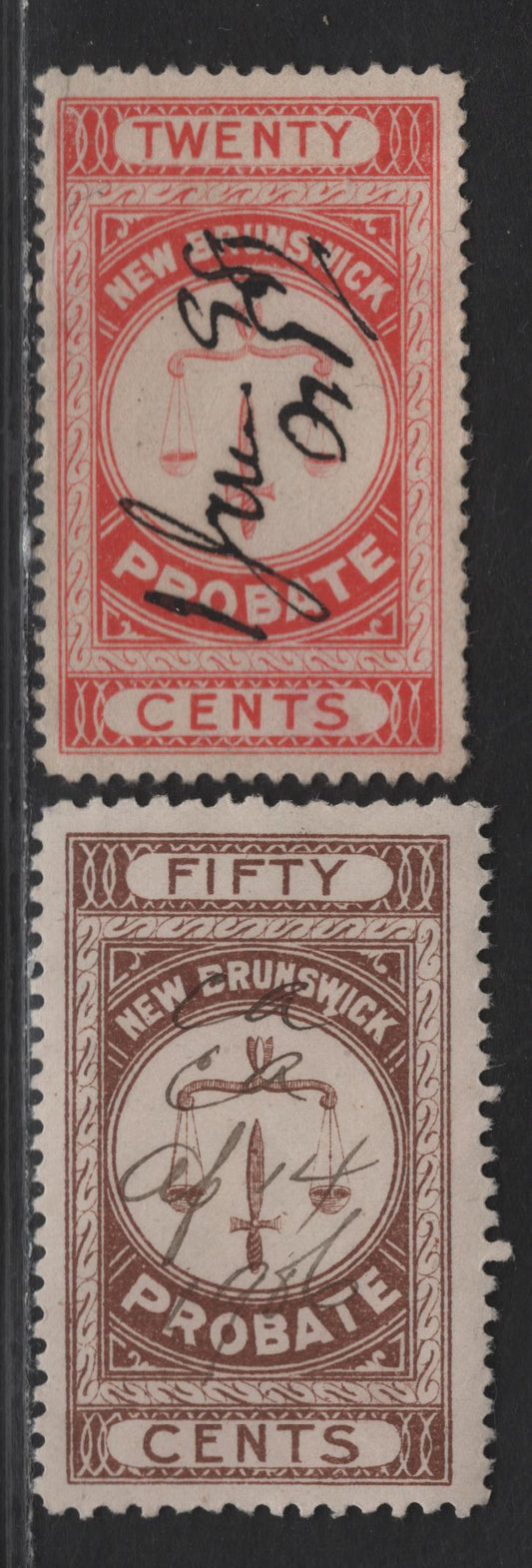 Lot 76 (C) New Brunswick Van Dam#NBP2 & NBP3 20c - 50c Vermillion - Brown Scales, 1895 First Probate Issue, 2 Very Fine Used Singles, Perf 11 (50c) & Perf 12 (20c)