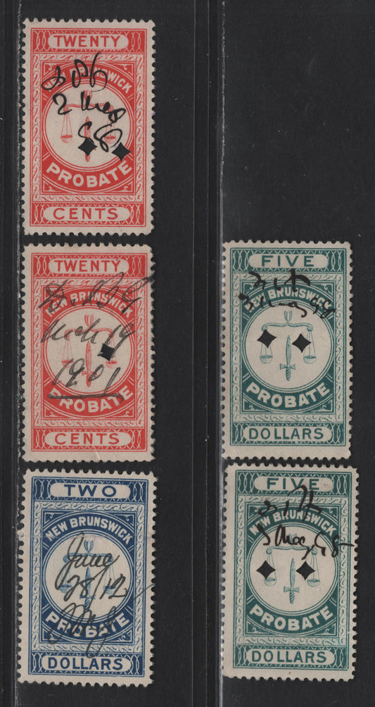 Lot 78 (C) New Brunswick Van Dam#NBP2, NBP4, NBP5 20c - $5 Vermillion - Green Scales, 1895 First Probate Issue, 3 Very Good Used Singles, Perfs 12 & 11.75, All With Punch Cancels & Visible Creases From Folding Of Documents These Were On