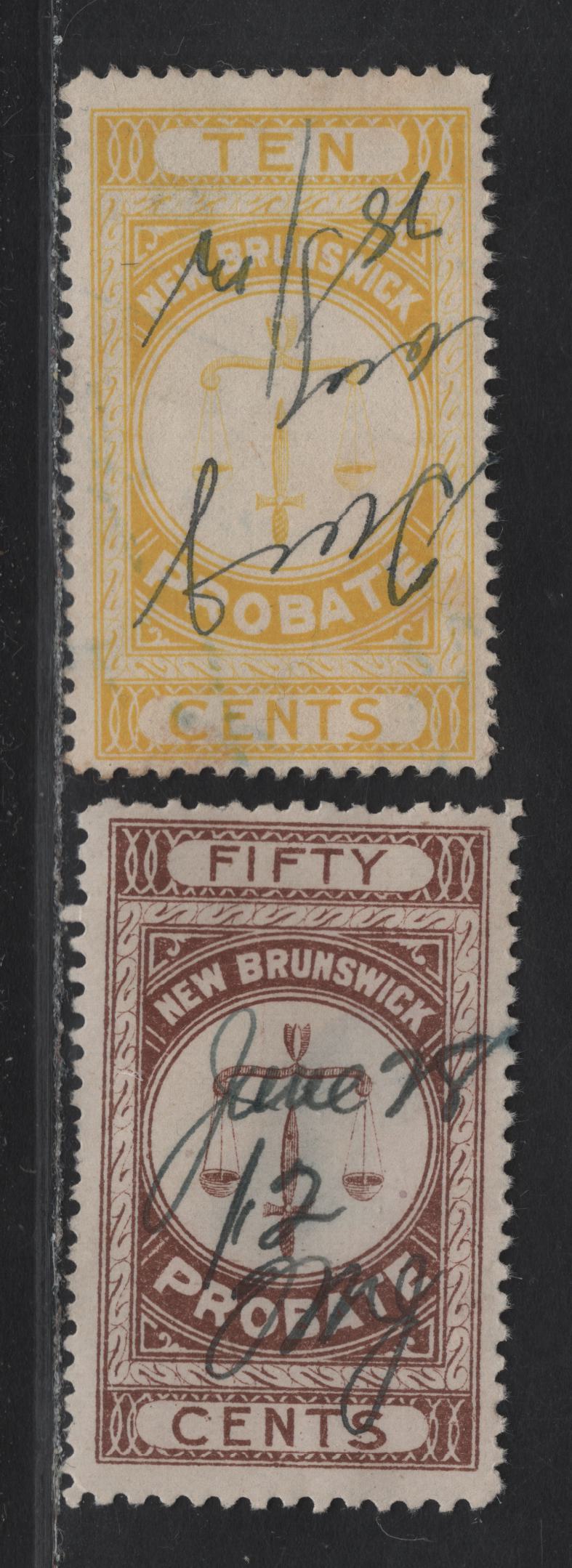 Lot 79 (C) New Brunswick Van Dam#NBP1, NBP3 10c - 50c Lemon Yellow - Brown Scales, 1895 First Probate Issue, 2 Fine Used Singles, Perf 11 (50c) & Perf 12 (10c)