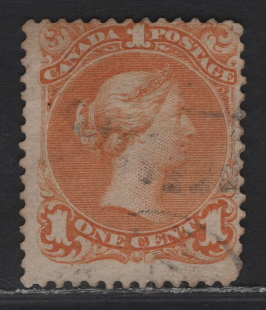 Lot 8 (C) Canada #23 1c Yellow Orange Queen Victoria, 1868-1876 Large Queen Issue, A Very Good Used Single, Paper FO-O (Duckworth 10), Perf 12, Small Position Dot Under 3rd Scallop Of Lower Left Ornament.