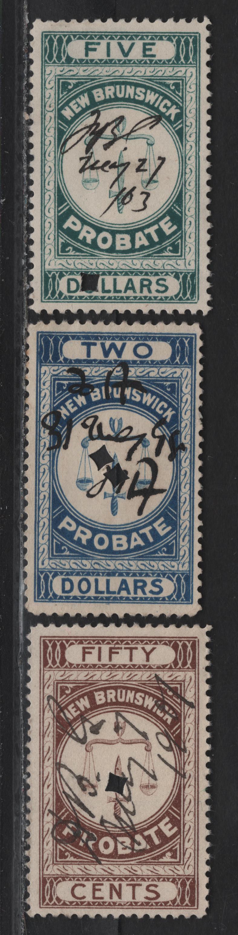 Lot 81 (C) New Brunswick Van Dam#NBP3-NBP5 50c - $5 Brown - Green Scales, 1895 First Probate Issue, 3 Fine/Very Fine Used Singles, Perf 12 ($5), 11.75 (50c) & 12x11.75 ($2)