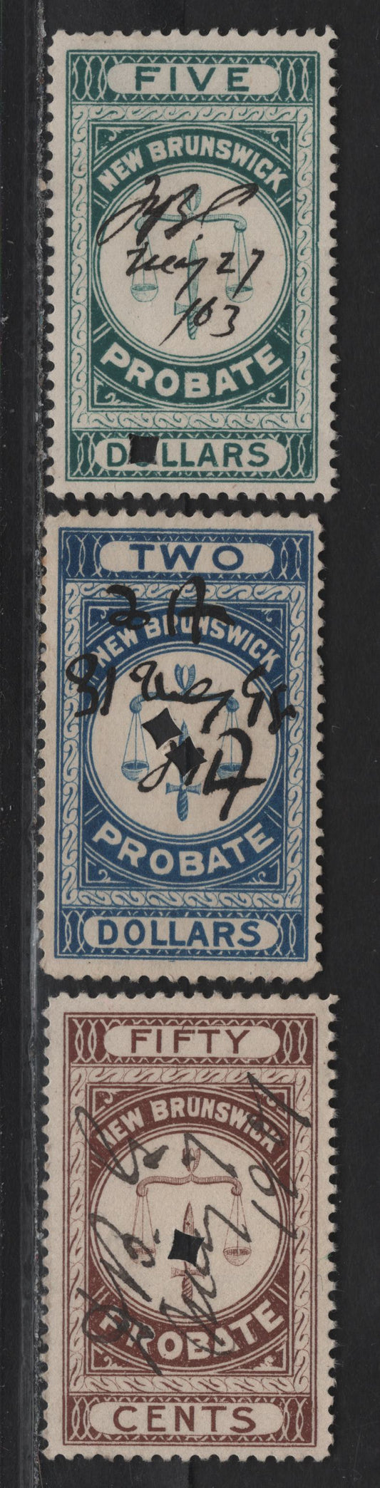 Lot 81 (C) New Brunswick Van Dam#NBP3-NBP5 50c - $5 Brown - Green Scales, 1895 First Probate Issue, 3 Fine/Very Fine Used Singles, Perf 12 ($5), 11.75 (50c) & 12x11.75 ($2)