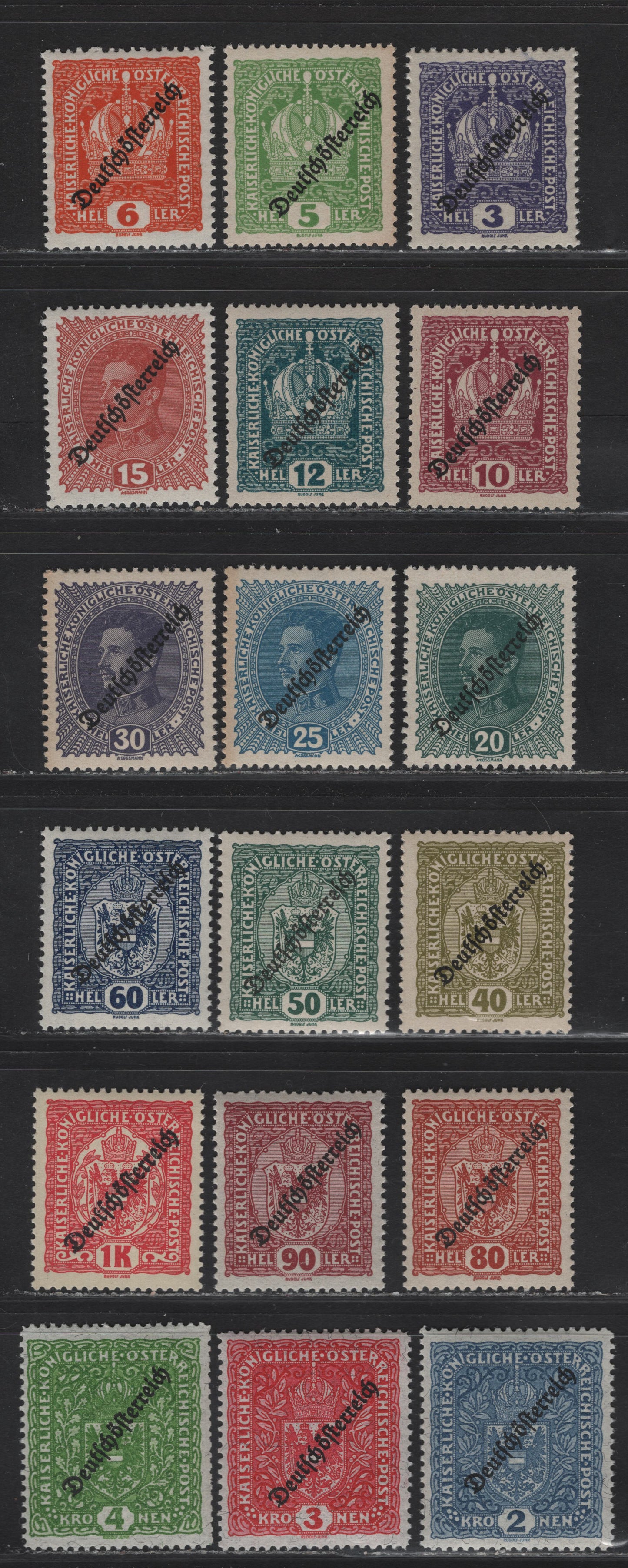 Lot 91 Austria SC#181-198 3h - 4k Bright Violet - Yellow Green Coat of Arms, 1918-1919 New Republic Overprinted Issue, 18 F/VFNH Singles, Short Set to 4k, Nearly All VF & NH