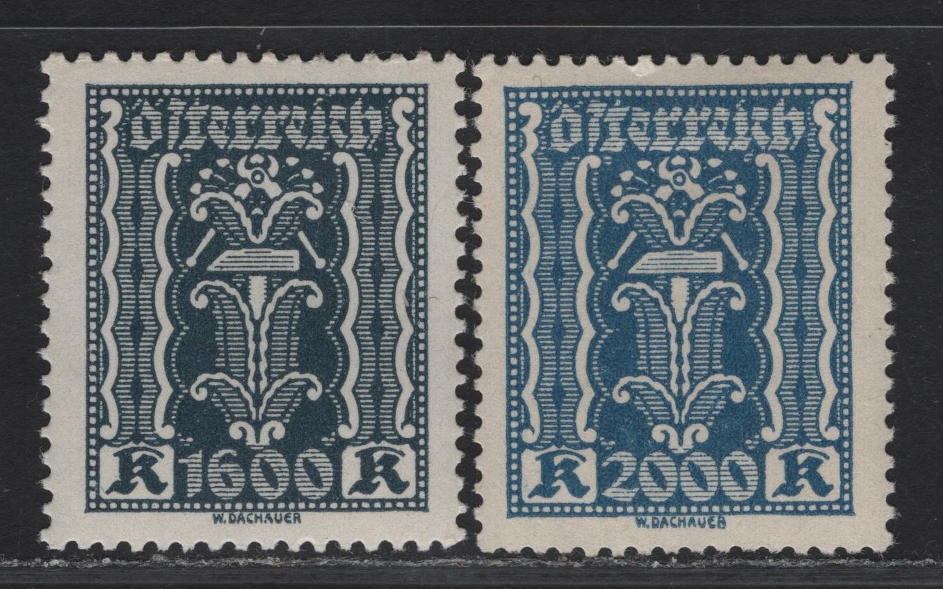 Lot 93 Austria SC#284-285 1600k - 2000k Slate - Blue Symbols, 1922-1924 Symbols of Labor & Industry Issue, 2 VFNH Singles