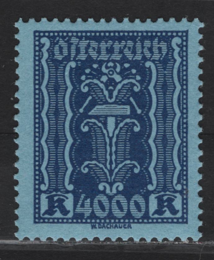 Lot 95 Austria SC#287 4000k Dark Blue on Blue Symbols, 1922-1924 Symbols of Labor & Industry Issue, A VFNH Single