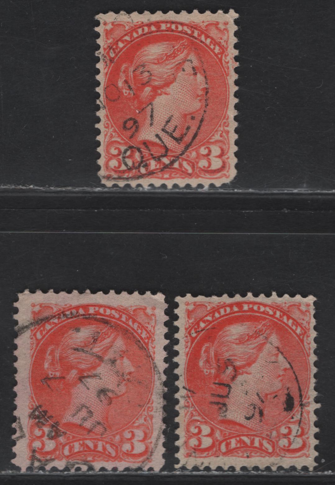Lot 100 (C) Canada #41 3c Bright Vermillion Queen Victoria, 1888-1897 Small Queen Issue, 3 Very Fine Used Singles, Late 2nd Ottawa Printings, Different Shades, All On Translucent Horizontal Wove Papers, Assumed To Be Perf 12.