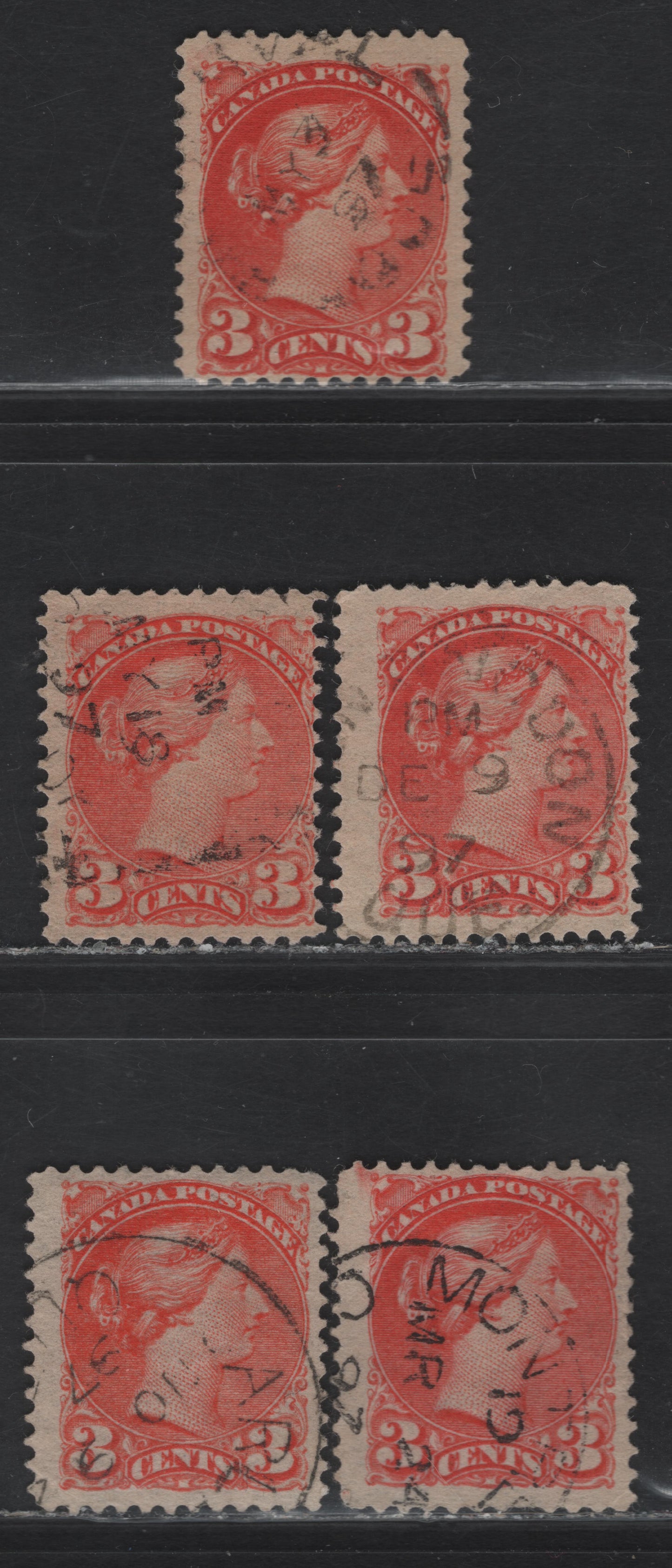 Lot 103 (C) Canada #41 3c Orange Vermillion Queen Victoria, 1888-1897 Small Queen Issue, 5 Fine Used Singles, Late 2nd Ottawa Printings, 1897 Dates, All Different Shades, All On Translucent Horizontal Wove Papers, Unchecked For Perfs.